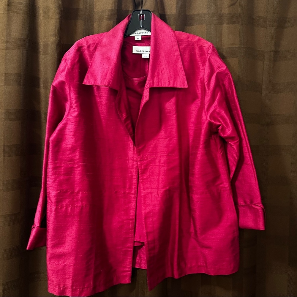 100% raw silk Caroline Rose Deep Pink  Blazer Tank Top Two Piece Set size medium